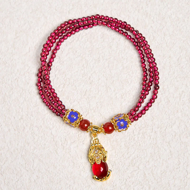 Buddha Stones Natural 3mm Garnet Beads PiXiu Flower Purification Multilayer Bracelet