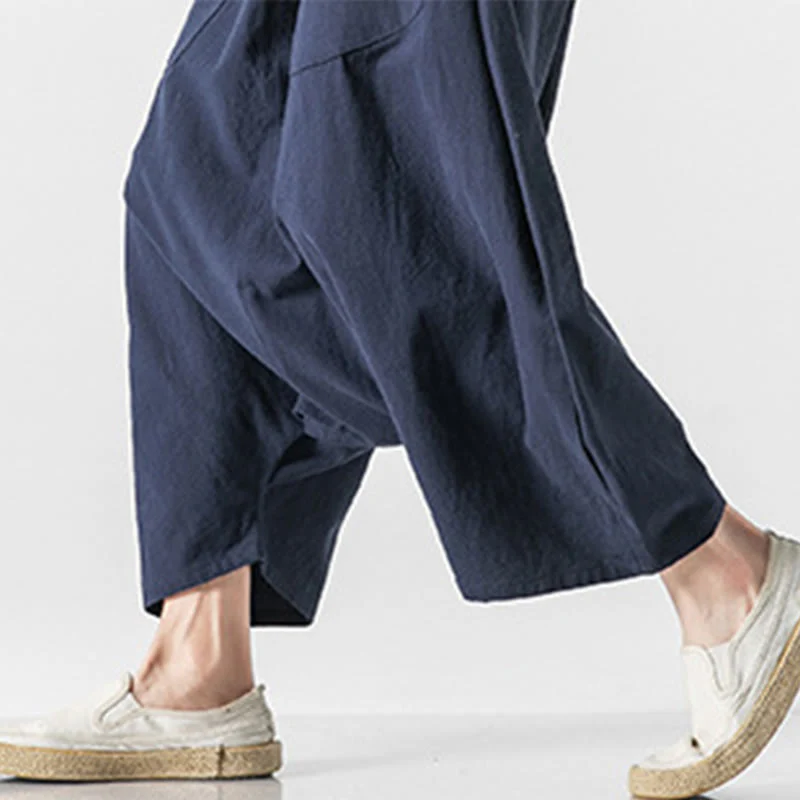 Buddha Stones Casual Low Crotch Design Drawstring Men's 7-8 Length Cotton Linen Wide Leg Pants With Pockets