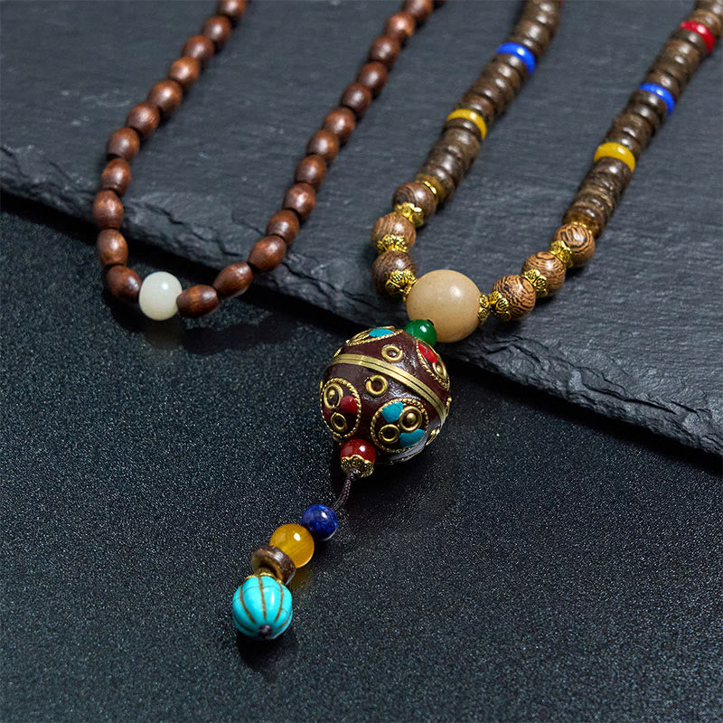 Buddha Stones Tibetan Handmade Coconut Shell Schima Wood Great Bright Mantra Copper Bead Balance Necklace Pendant