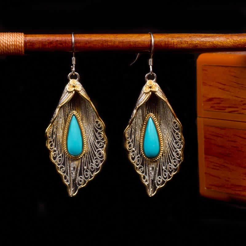 Buddha Stones 925 Sterling Silver Turquoise Bodhi Leaf Pattern Protection Drop Dangle Earrings