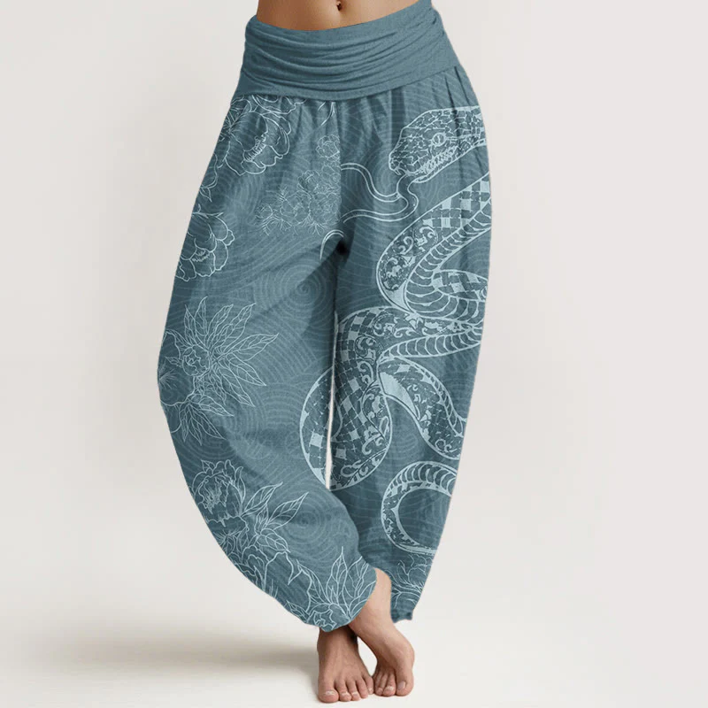 Buddha Stones Pure Cotton Snake Lotus Women's Elastic Waist Harem Pants