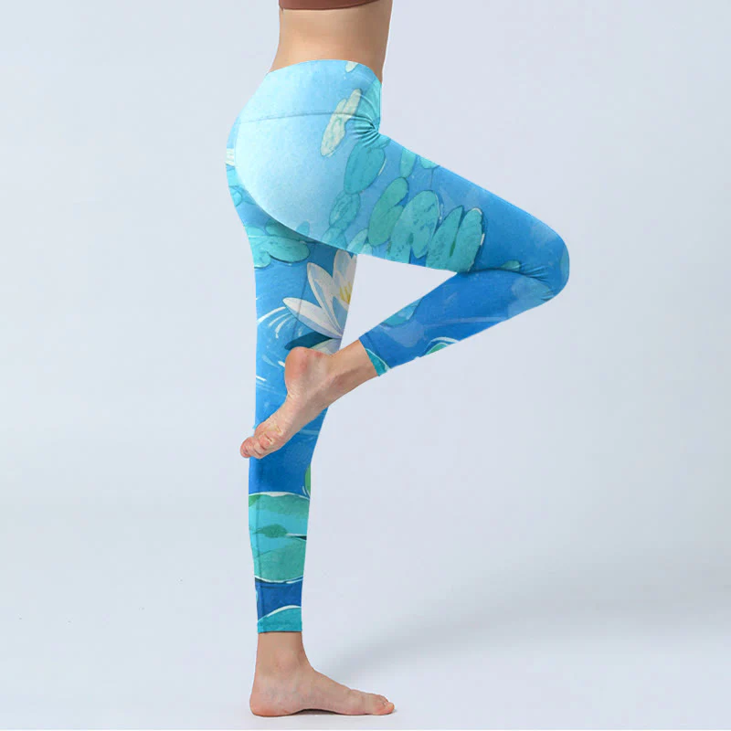 Buddha Stones White Lotus Flower Green Lotus Leaves Pattern Print Gym Leggings Women's Yoga Pants