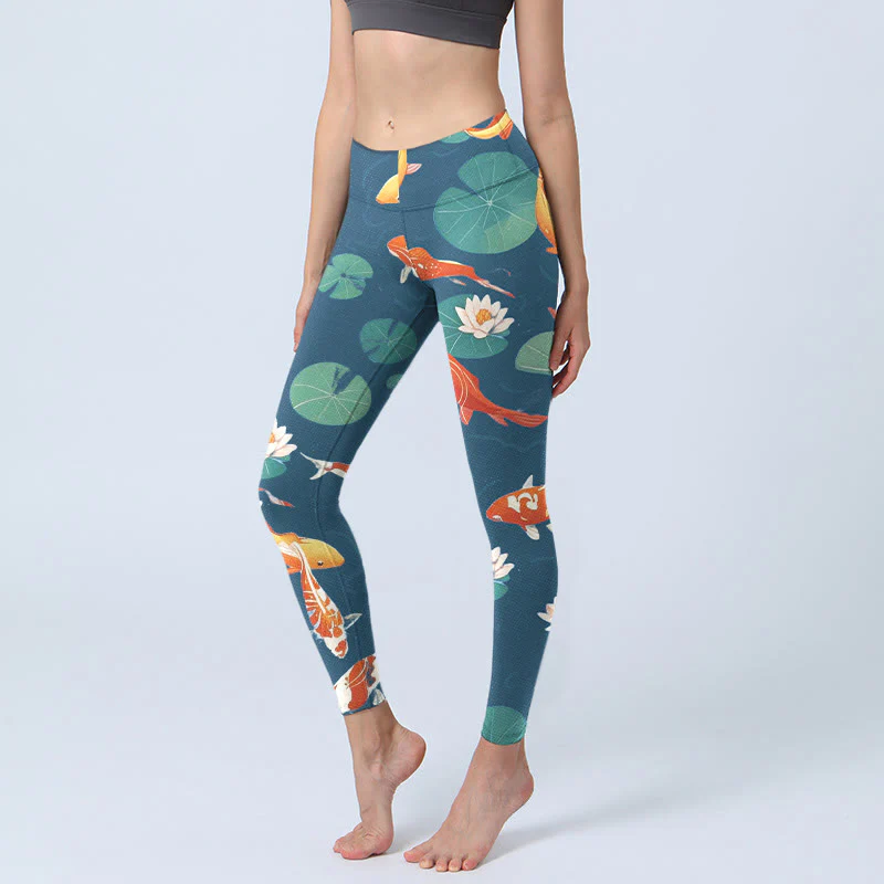 Buddha Stones Koi Fish Lotus Flower Lotus Leaves Pattern Print Gym Leggings Women's Yoga Pants