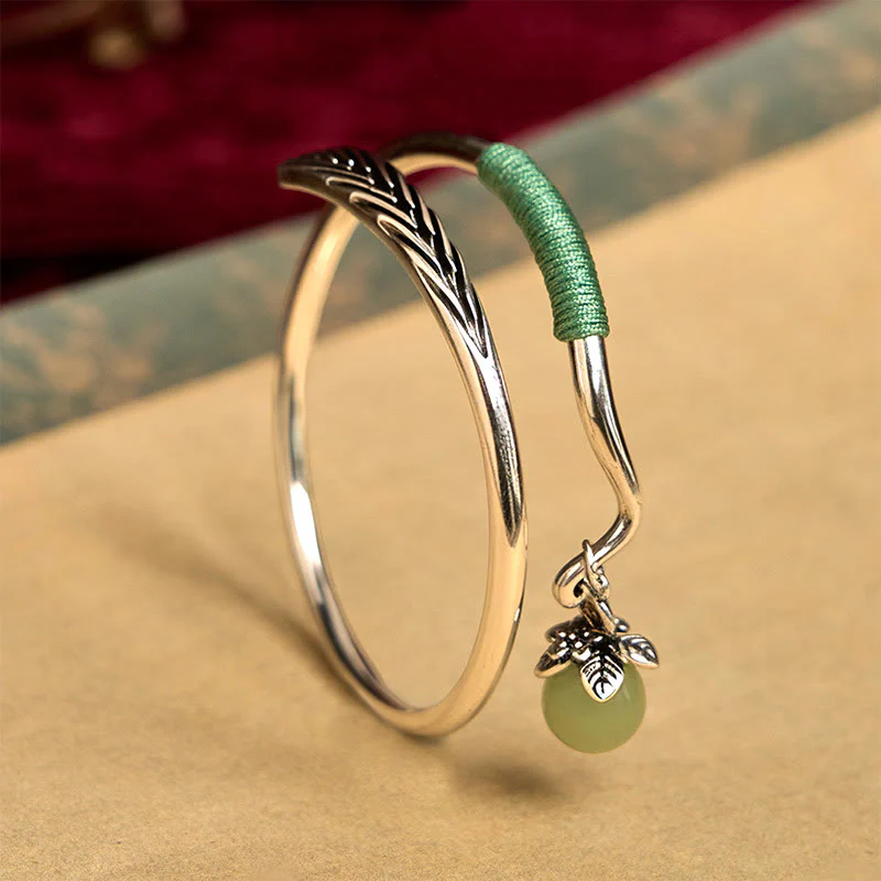 Buddha Stones Copper Alloy Green Bead Charm Luck Cuff Bracelet Bangle