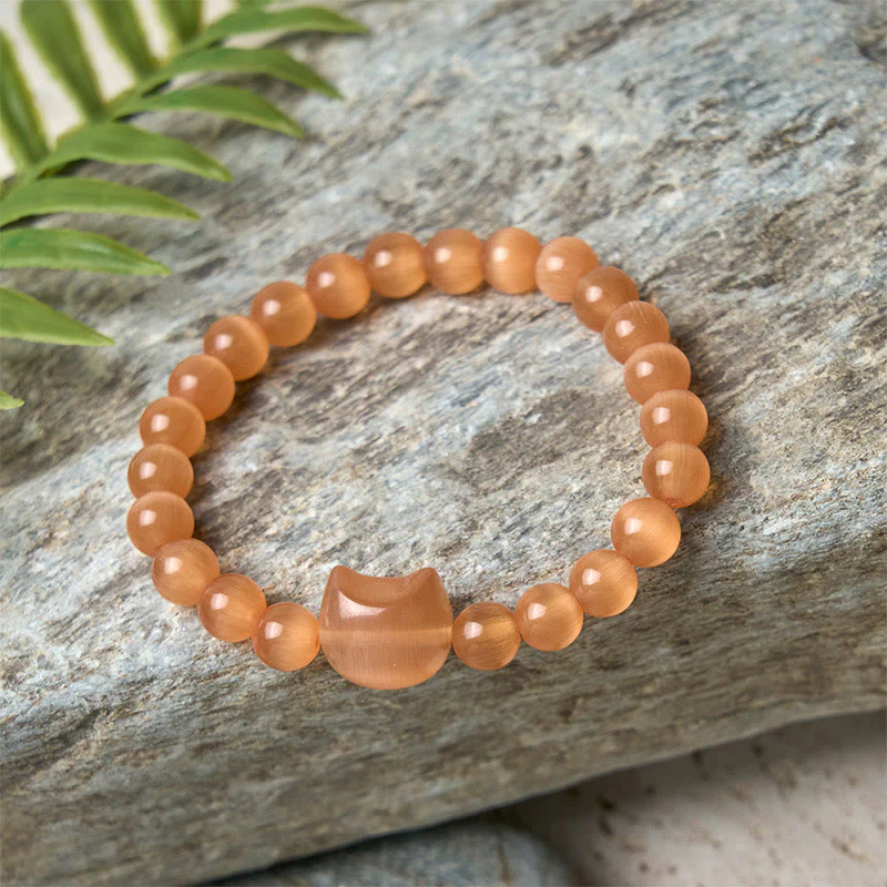 Buddha Stones Lovely Cat Head Pink Cat's Eye White Cat's Eye Spiritual Beads Bracelet