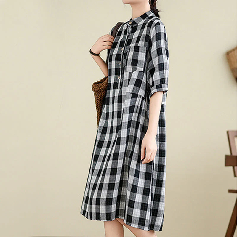 Buddha Stones Casual Plaid Pattern Half Sleeve Cotton Linen Midi Dress With Pockets
