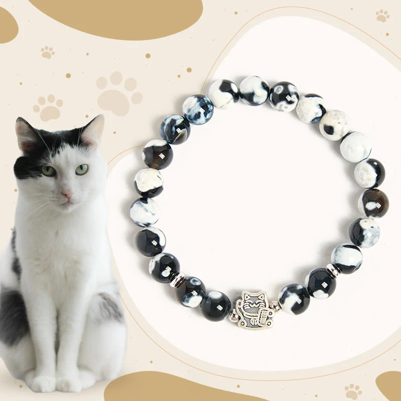 Buddha Stones 925 Sterling Silver Black and White Cat Fire Agate Bead Love Bracelet