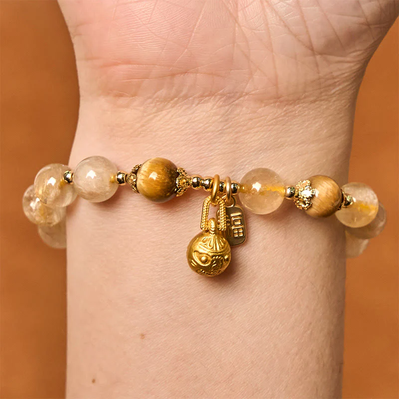 Buddha Stones Natural Rutilated Quartz Fu Character Metal Swallowing Beast Auspiciousness Bracelet