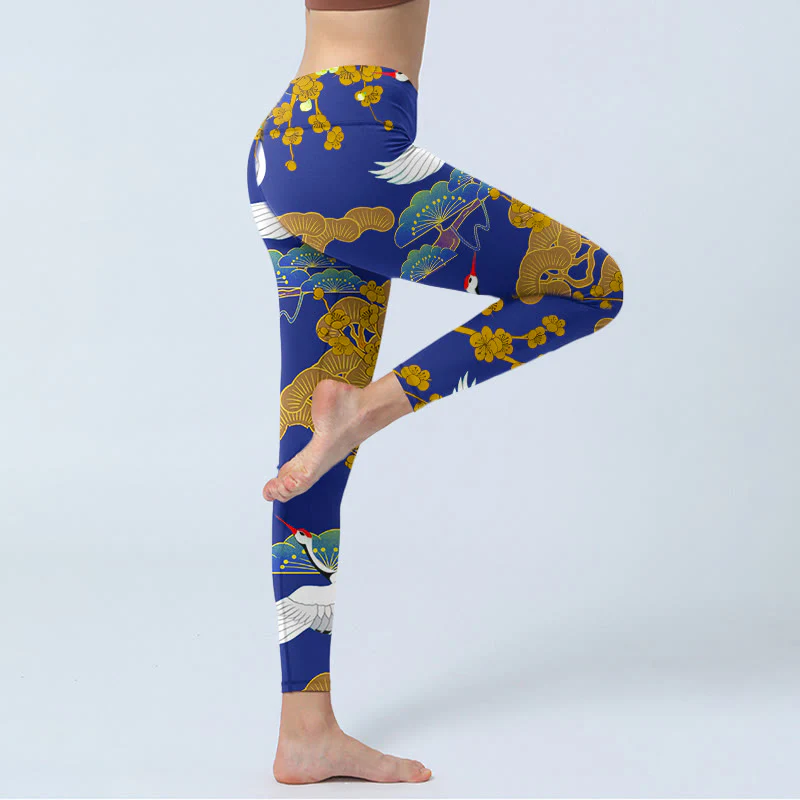 Buddha Stones Flying Red-Crowned Crane Pine Tree Flower Pattern Print Gym Leggings Women's Yoga Pants