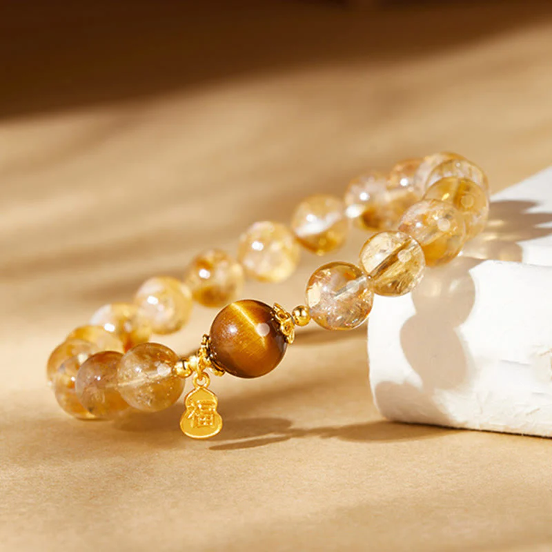 Buddha Stones 925 Sterling Silver Gourd Fu Character Citrine Tiger Eye Prosperity Bracelet