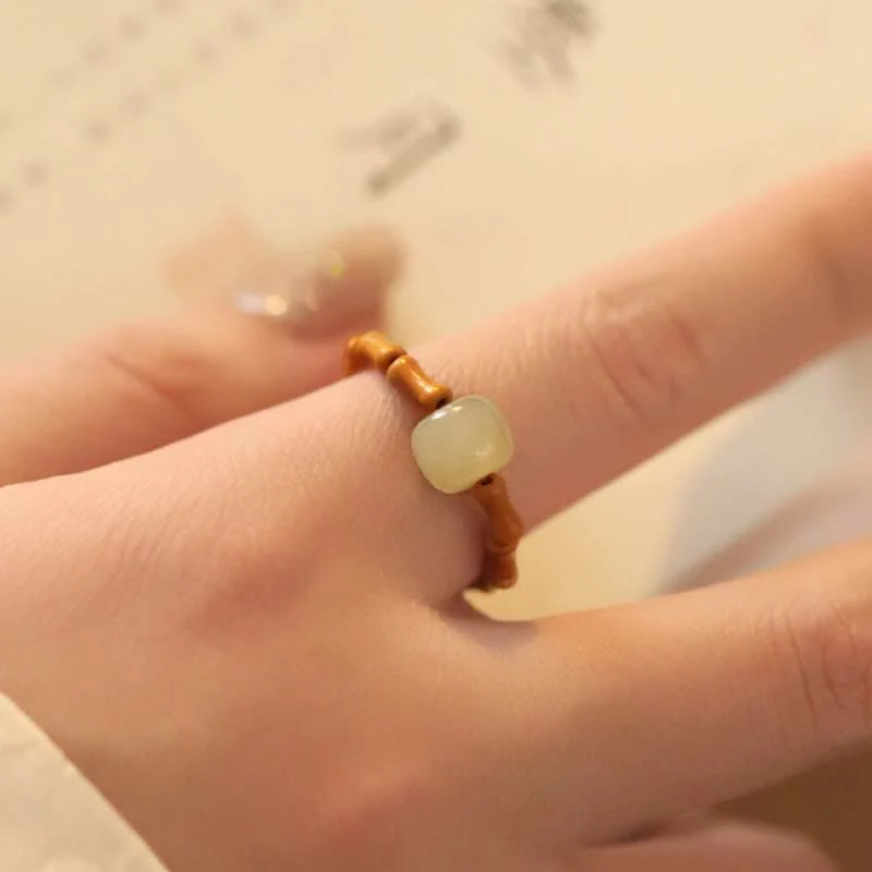 Buddha Stones Hetian Jade Beaded Bamboo Prosperity Luck Ring