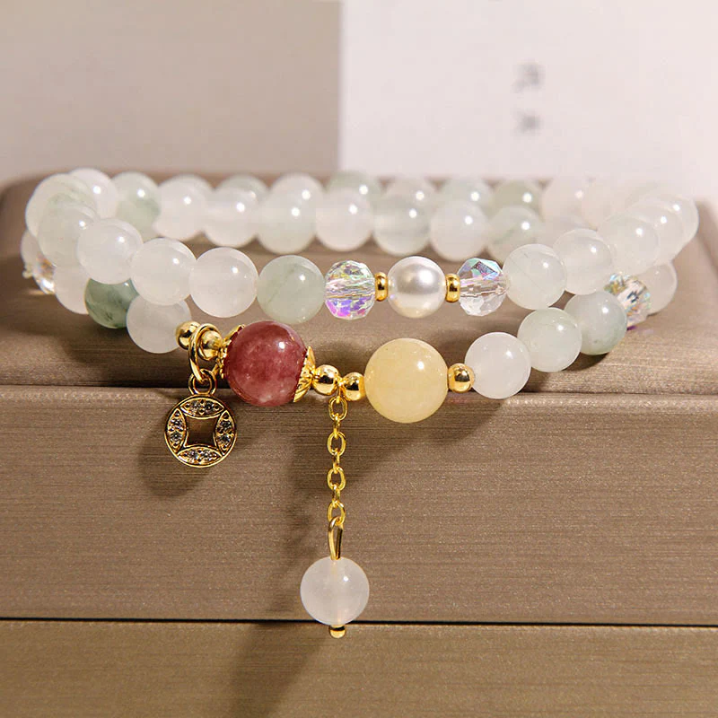 Buddha Stones Tourmaline Purple Jade Aquamarine Jade Copper Coin Positive Double Wrap Bracelet