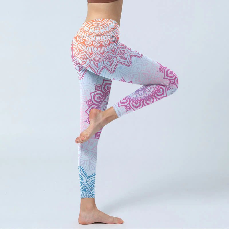 Buddha Stones Pink Blue Mandala Flower Print Gym Leggings Women's Yoga Pants