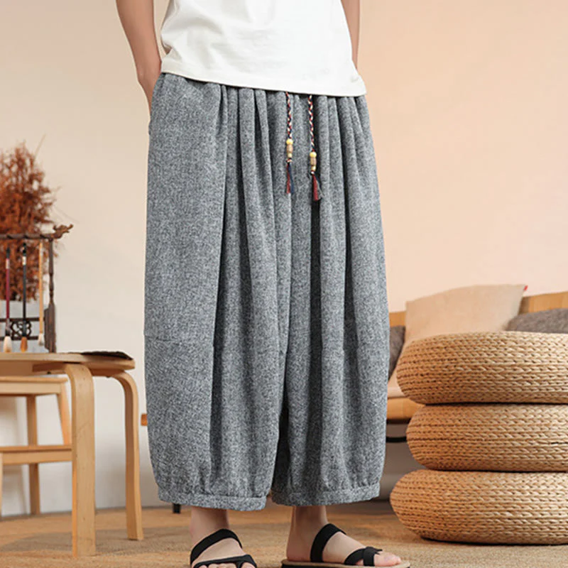 Buddha Stones Summer Characters Embroidery Drawstring Men's Cropped Ankle-Length Harem Pants With Pockets