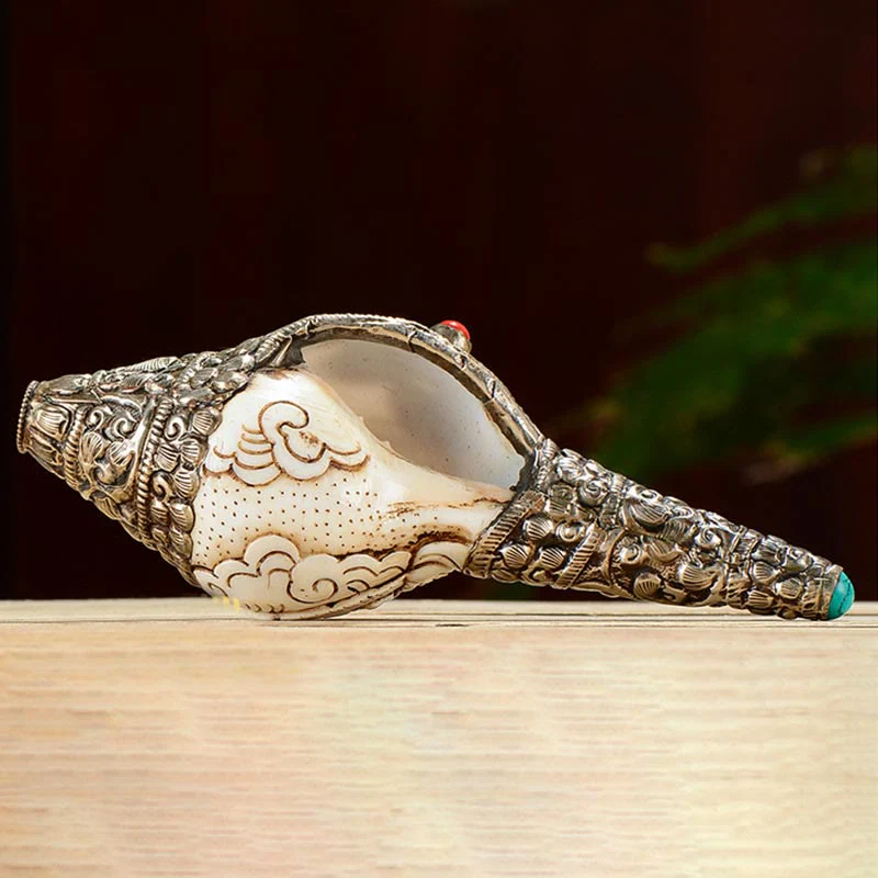 Buddha Stones Tibetan Handmade Engraved Shankha Buddha Conch Shell Wealth Positive Decoration