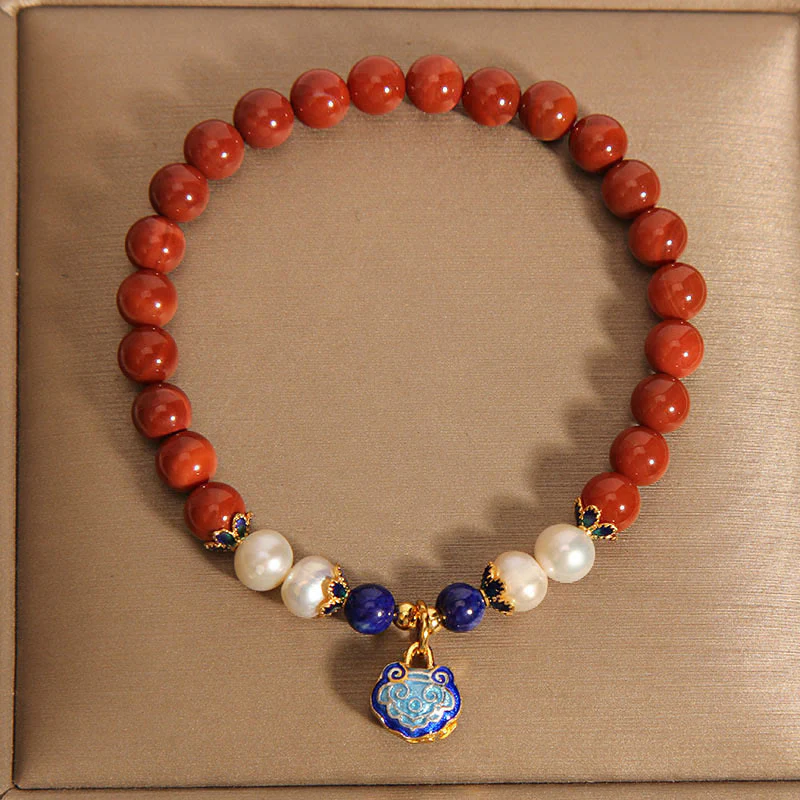 Buddha Stones Natural South Red Agate Pearl Peace Lock Charm Positive Bracelet