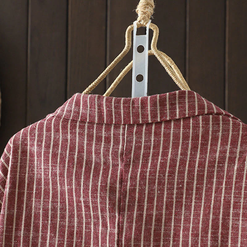 Buddha Stones Splicing Stripes Women's Cotton Linen Jacket With Pockets