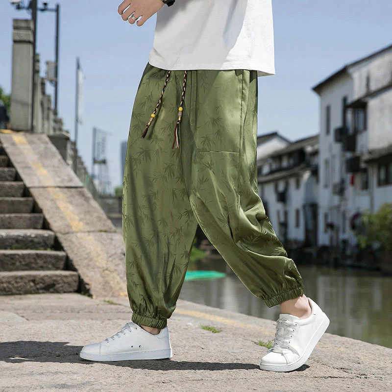 Buddha Stones Summer Ice Silk Jacquard Bamboo Pattern Men's Drawstring Cotton Pants With Pockets