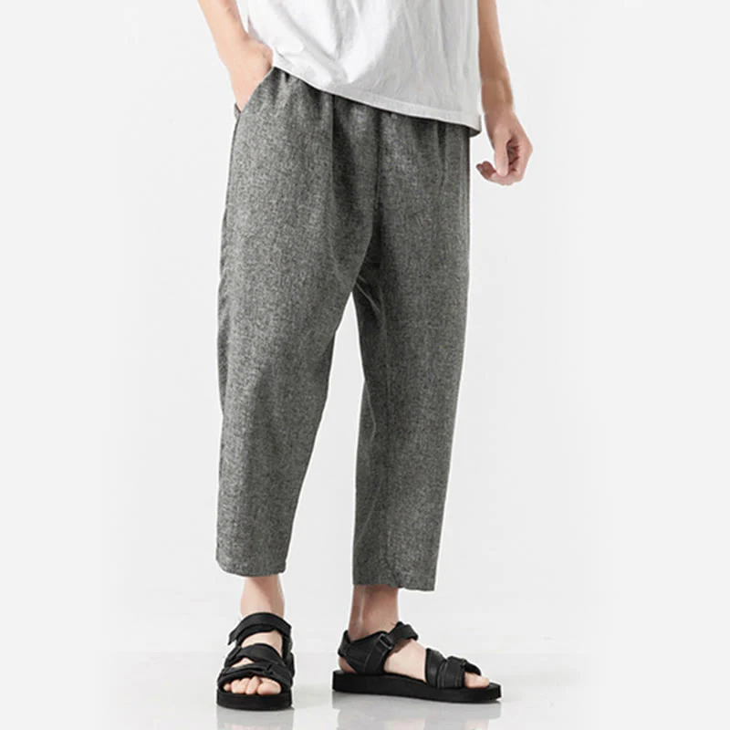 Buddha Stones Summer Plain Men's 7-8 Length Cotton Linen Pants With Pockets