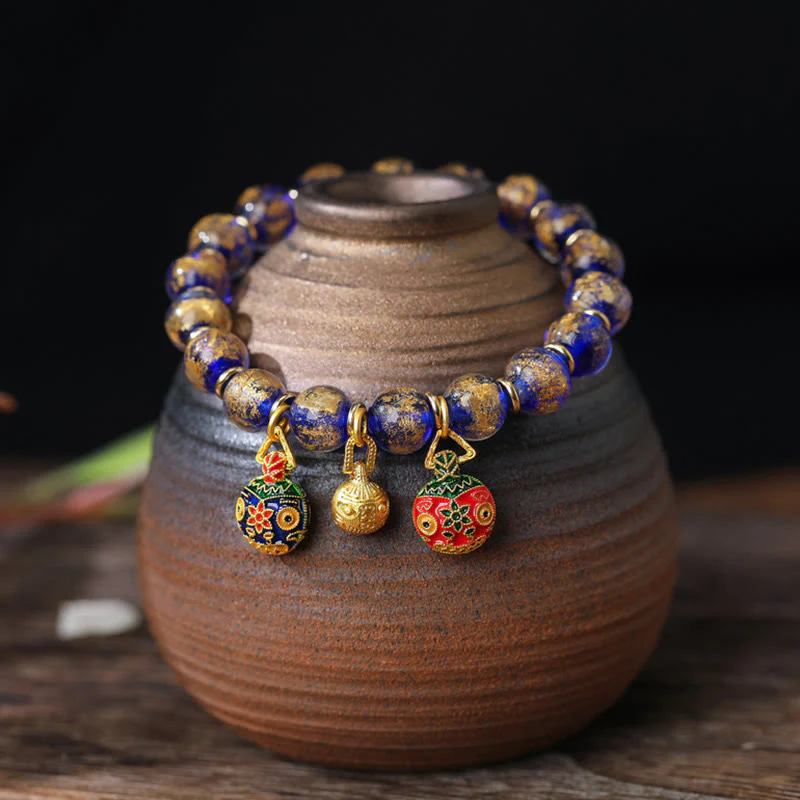 Buddha Stones Gold Swallowing Beast Family Charm Gold Silver Foil Liuli Glass Bead Blessings Bracelet