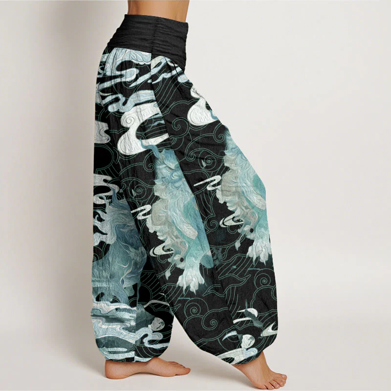 Buddha Stones Pure Cotton PiXiu Auspicious Clouds Pattern Women's Elastic Waist Harem Pants