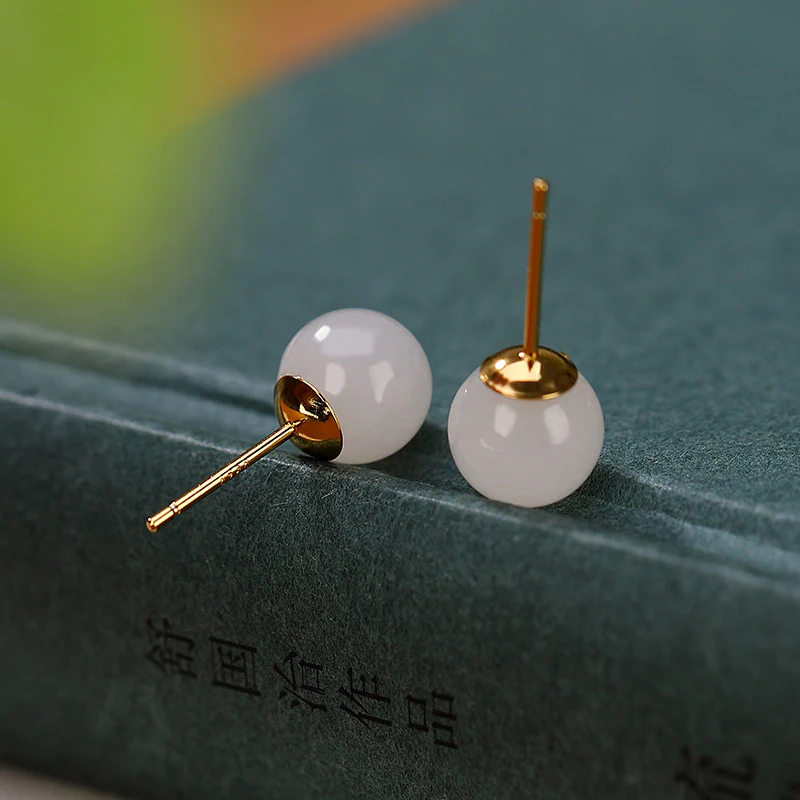 Buddha Stones 925 Sterling Silver Round White Jade Blessing Stud Earrings