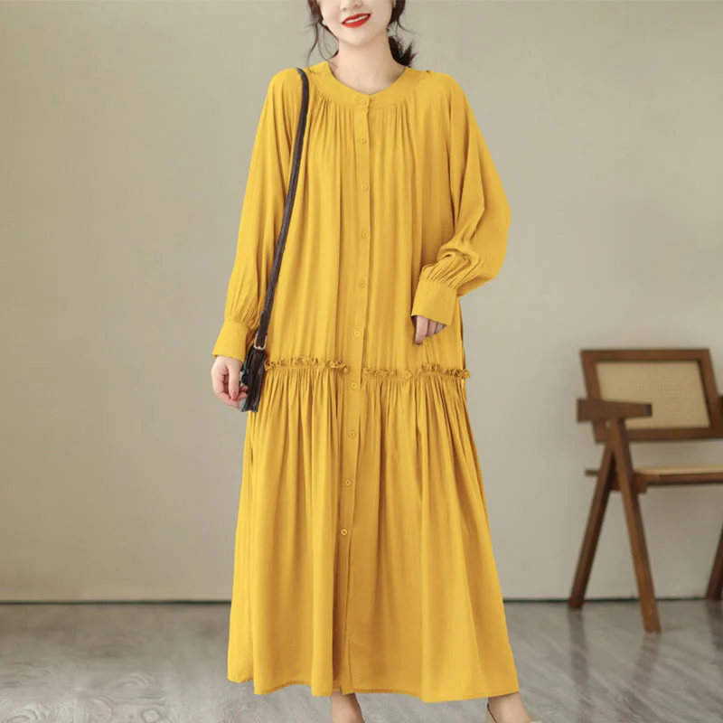 Buddha Stones Casual Plain Crew Neck Pleated Polyester Midi Dress With Pockets