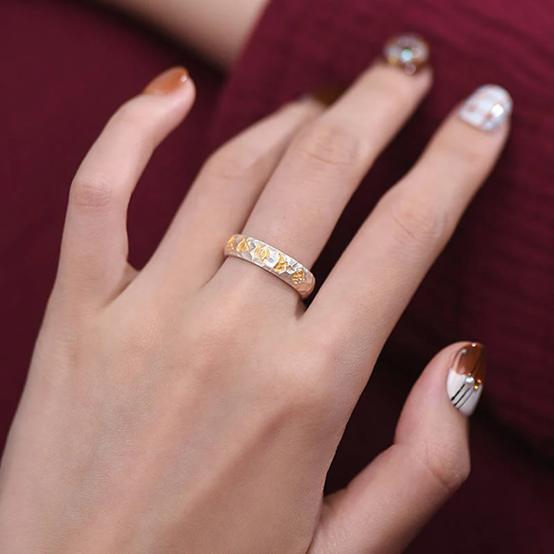 Buddha Stones Hammer Pattern Om Mani Padme Hum Copper Plated Silver Wealth Ring