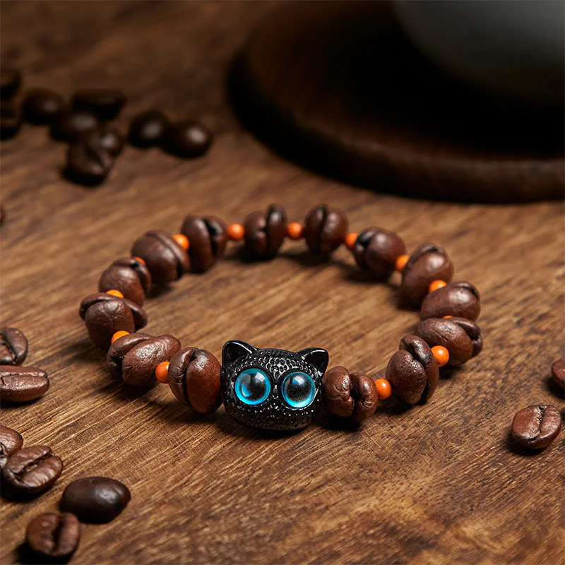 Buddha Stones Natural Cute Cat Coffee Beans Bracelet