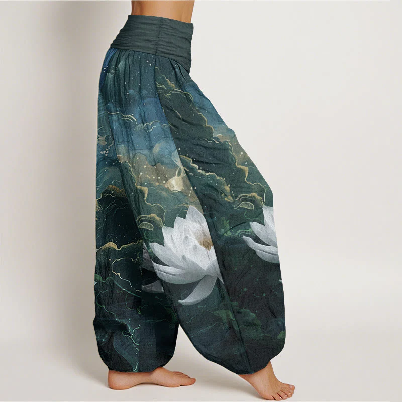 Buddha Stones Pure Cotton Casual Lotus Starry Sky Clouds Pattern Women's Elastic Waist Harem Pants