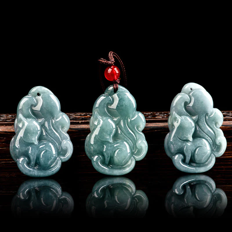 Buddha Stones Natural Green Jade Nine Tailed Fox Fairy Prosperity Necklace Pendant