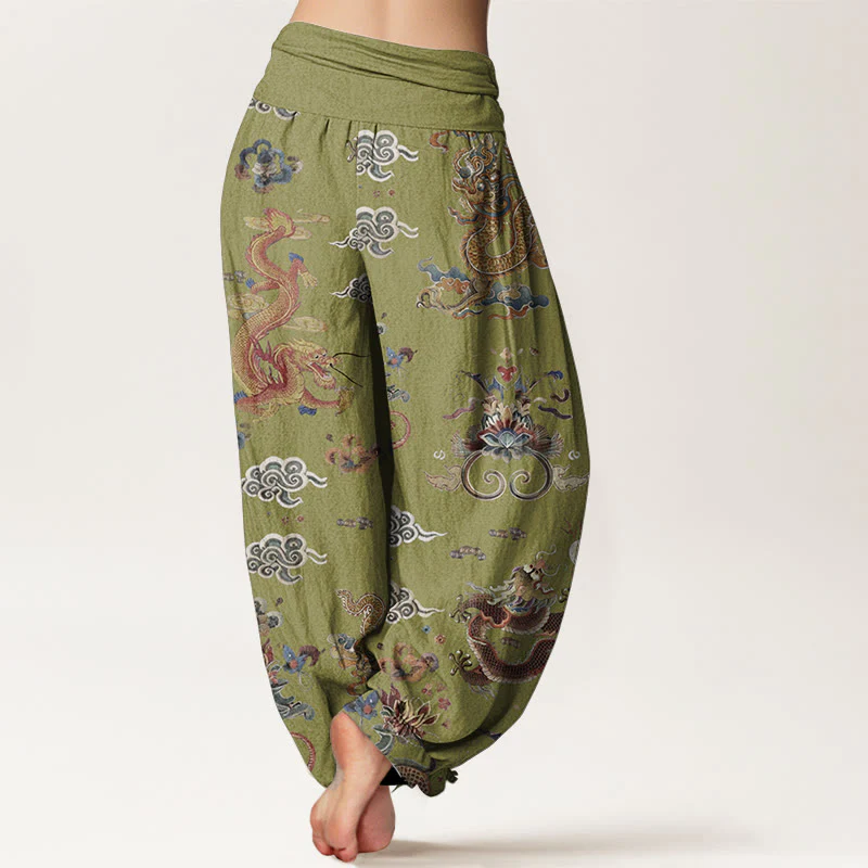 Buddha Stones Pure Cotton Golden Dragons Auspicious Clouds Design Women's Elastic Waist Harem Pants