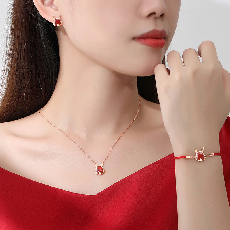 ❗❗❗A Flash Sale- Buddha Stones 925 Sterling Silver Year of the Dragon Natural Red Agate Dragon Attract Fortune Fu Character Strength Bracelet Necklace Pendant Earrings
