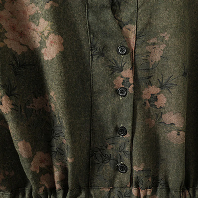 Buddha Stones Casual Printing Drawstring Chinese Frog-Button Cotton Linen Midi Dress With Pockets