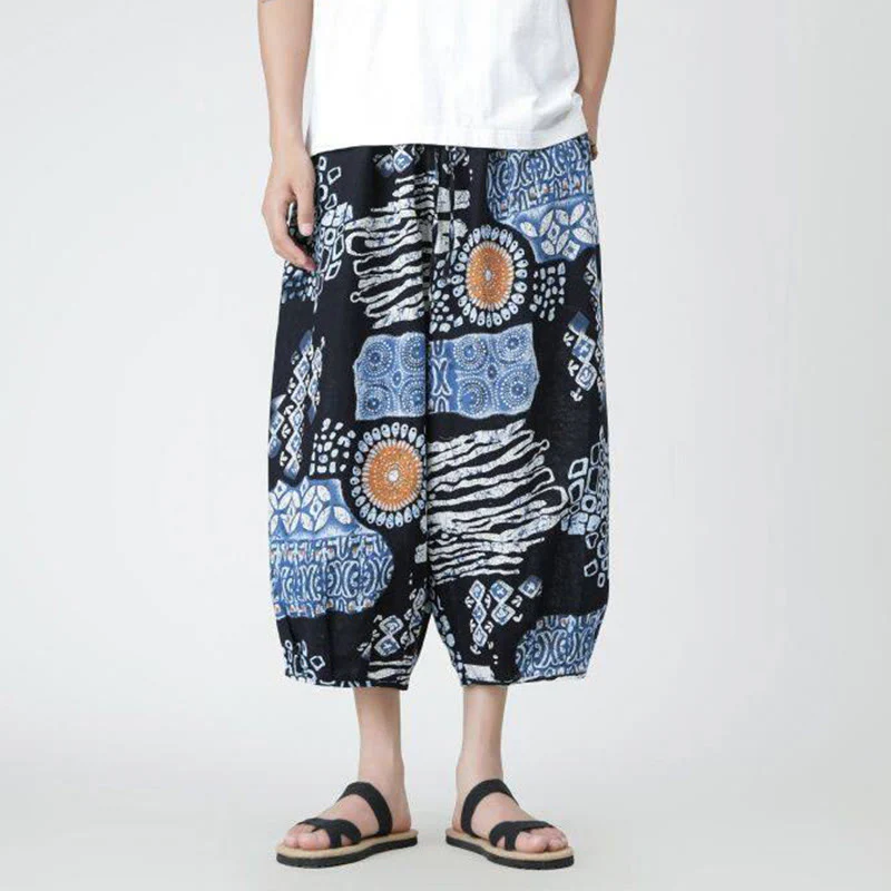 Buddha Stones Summer Square Patchwork Elephant Mandala Geometry Cotton Linen Men's 7-8 Length Pants With Pockets