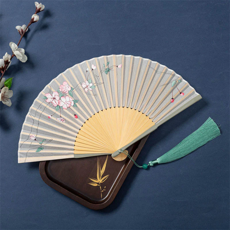 Buddha Stones Lotus Begonia Flower Jasmine Handheld Bamboo Folding Fan 21cm