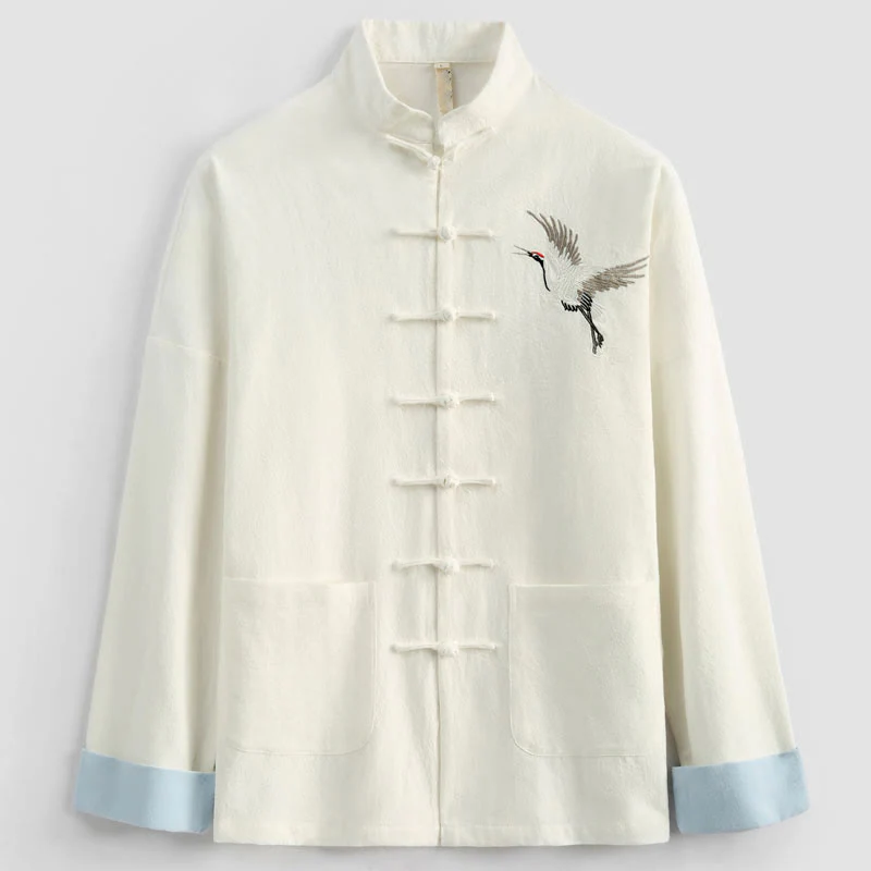 Buddha Stones Chinese New Year Crane Embroidery Tang Suit Hanfu Long Sleeve Top Pants Clothing  Cotton Linen Men's Set With Pockets