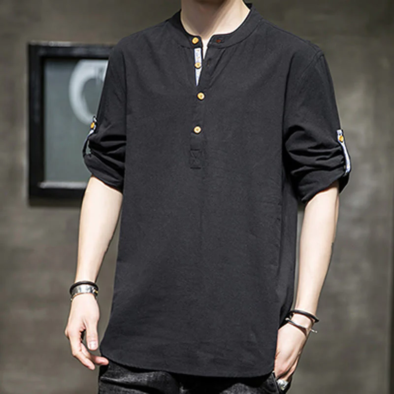 Buddha Stones Summer Solid Men's Half Buttons Half Sleeve Linen Shirt