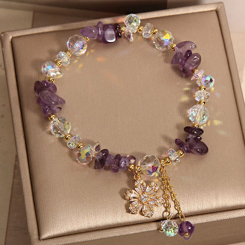 Buddha Stones Amethyst Citrine White Crystal Zircon Flower Spiritual Healing Bracelet