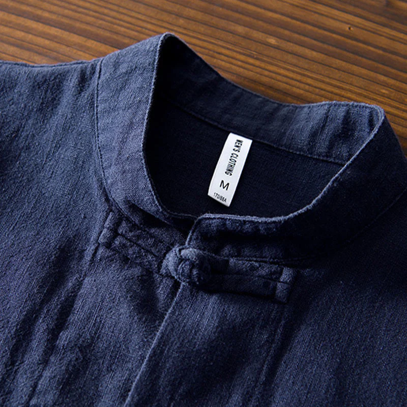 Buddha Stones Frog-Button Chinese Tang Suit Cotton Linen Men Jacket Shirt With Pockets