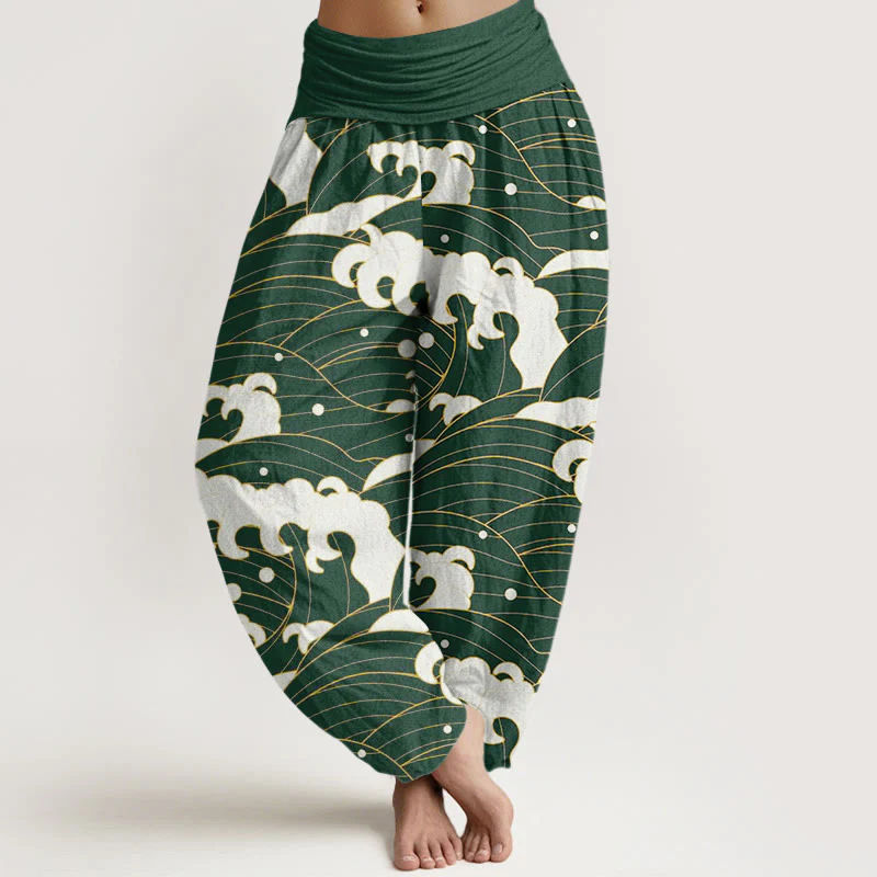 Buddha Stones Casual Abstract Wave Pattern Women's Elastic Waist Harem Pants