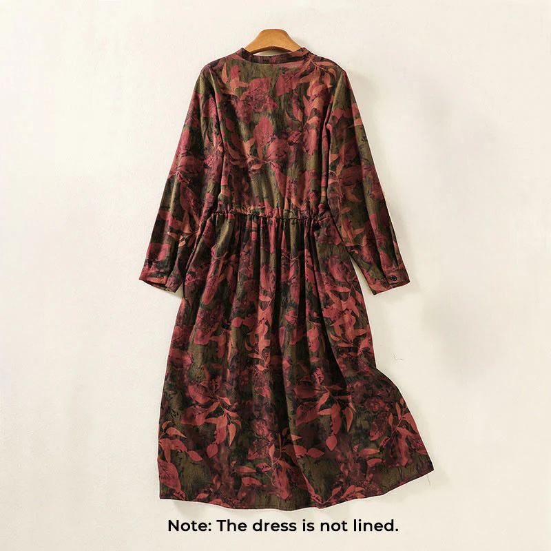 Buddha Stones Casual Printing Drawstring Chinese Frog-Button Cotton Linen Midi Dress With Pockets