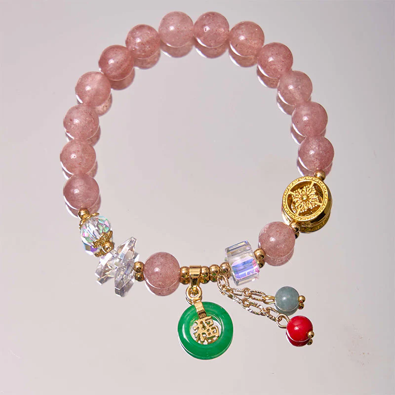 Buddha Stones Strawberry Quartz Jade Fu Character Charm Healing Bracelet