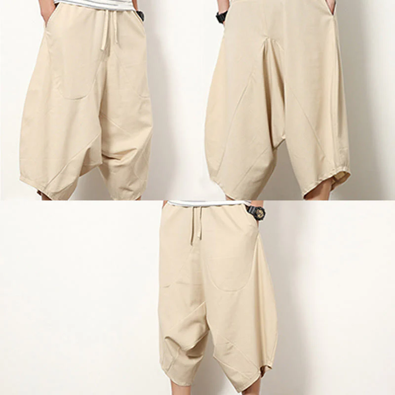 Buddha Stones Spring Plain Simple Patchwork Design Drawstring Cotton Linen Men's 7-8 Length Wide Leg Pants With Pockets