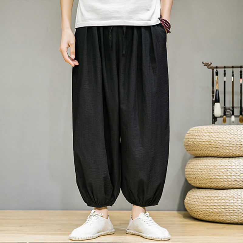 Buddha Stones Summer Plain Drawstring Men's Ankle-Length Cotton Harem Pants With Pockets