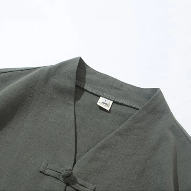 Buddha Stones 2Pcs Tang Suit Frog-Button Design Shirt Pants With Pockets Men's Cotton Linen Meditation Cloth Set