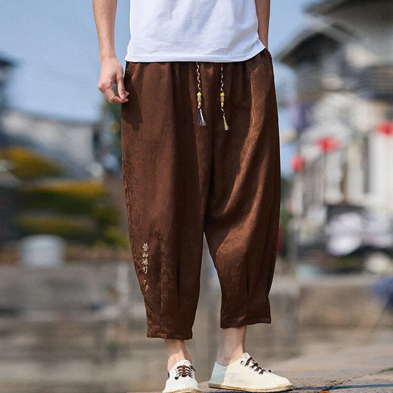 Buddha Stones Summer Character Embroidery Design Drawstring Men's 7-8 Length Pants With Pockets