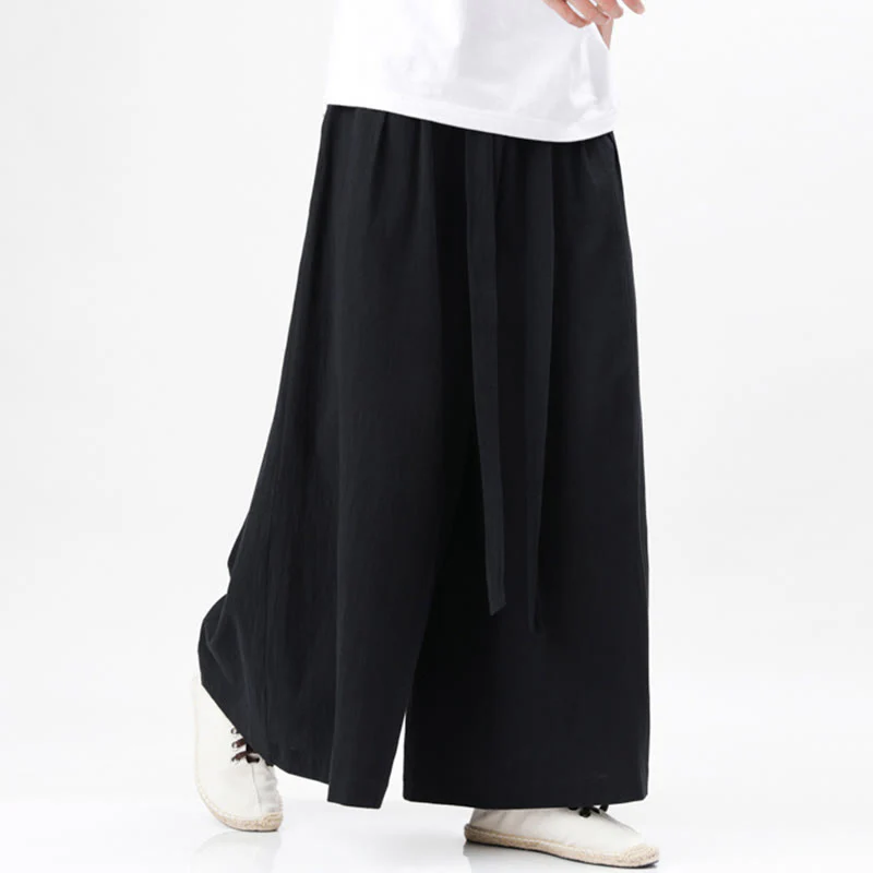Buddha Stones Spring Casual Sports Drawstring Design Men's Cotton Linen Wide Leg Pants With Pockets