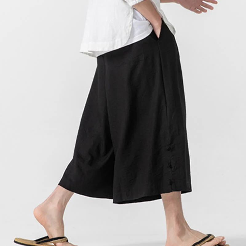 Buddha Stones Casual Loose Frog-Button Plain Men's Cotton 7-8 Length Wide Leg Pants With Pockets