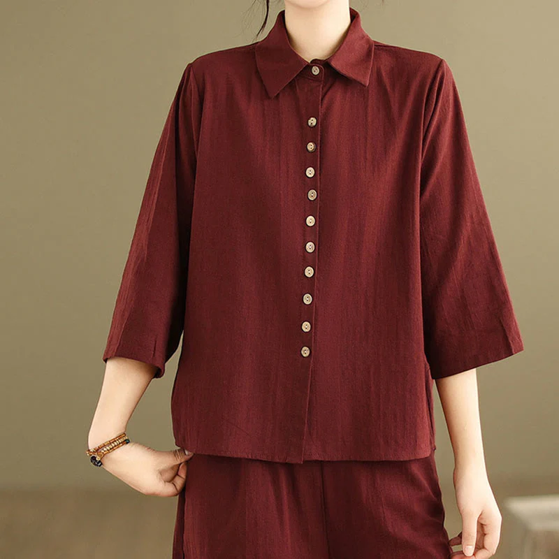 Buddha Stones 2pcs Casual Women's Stand Collar Shirt Loose Pants Meditation Clothing Set